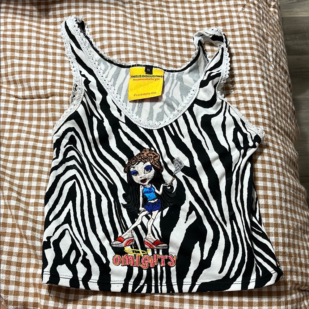 Omighty Black and White Zebra Crop Top with Embroidered Character